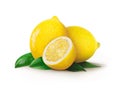 Set of whole lemons and half lemons with lemon leaves on a white background